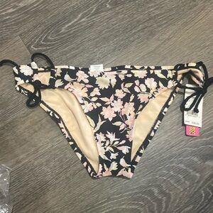 Bikini Nation Black Pink Floral Bikini Bottoms Adjustable Side Tie Swimsuit New